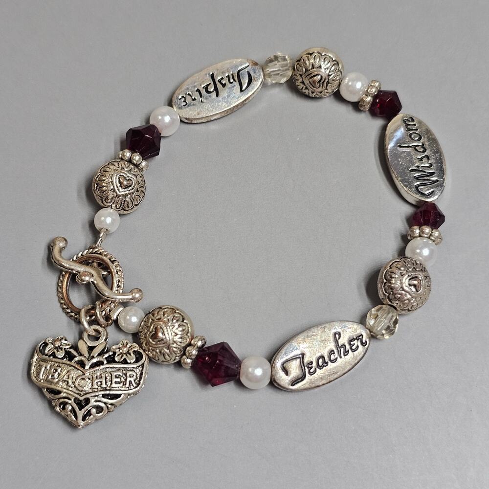 Teacher Wisdom Inspire Filigree Heart Charm Bracelet Toggle Silvertone 7.5"